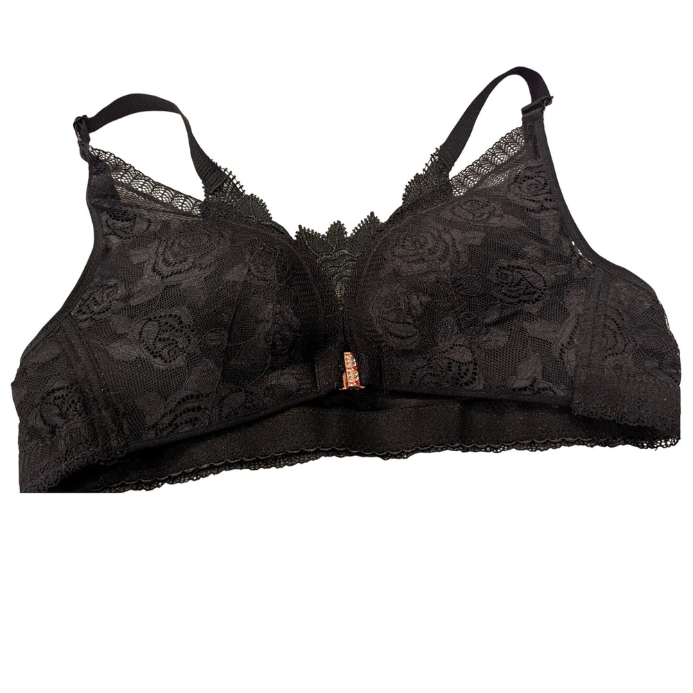 Black Lace‎ Bra Rose Detail Rhinestone Accent Front Closure Size 44/100